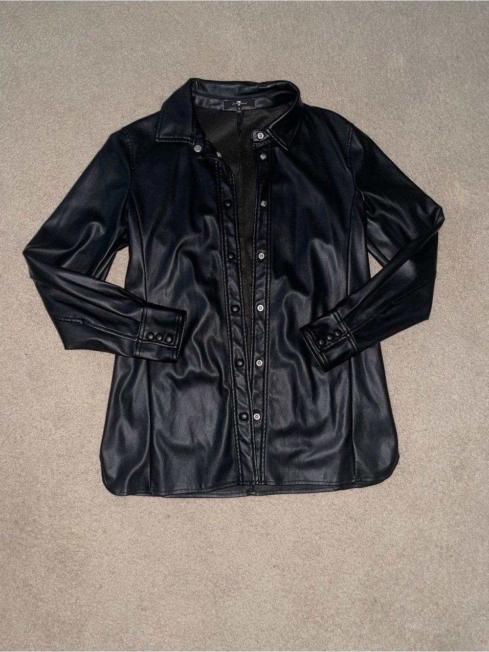 7 For All Mankind Black Faux Leather Snap-Front Shirt Jacket